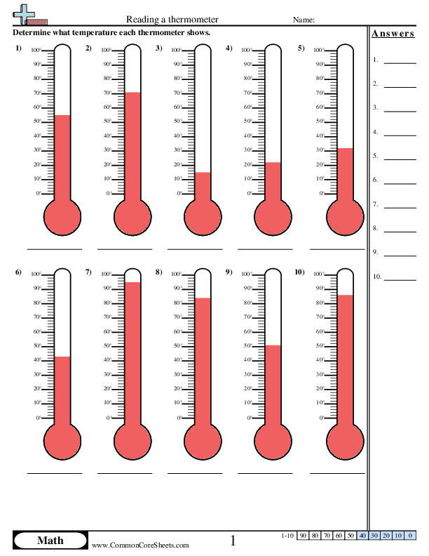 Temperature Worksheets - 0° - 100° (10s labeled) worksheet